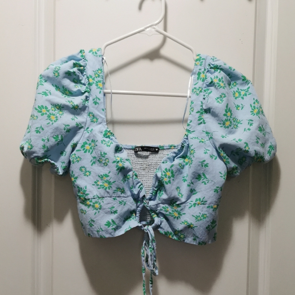 Zara Sky Blue Floral Puff Sleeve Crop Top